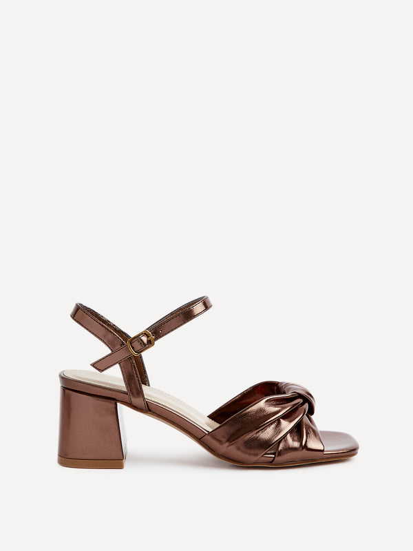 Linzi Bronze Faux Leather Block Heeled Sandal With Knotted Front Strap