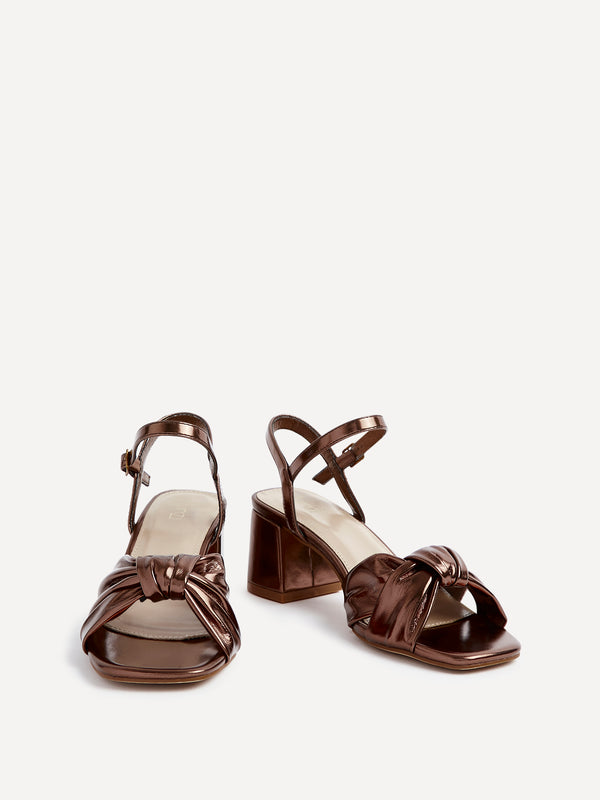 Linzi Bronze Faux Leather Block Heeled Sandal With Knotted Front Strap