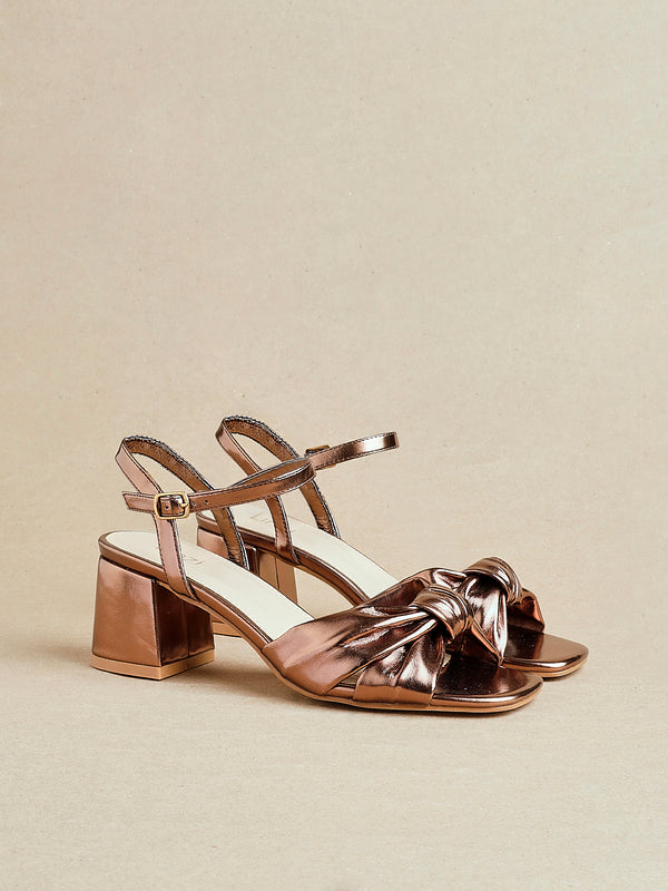 linzi Bronze Faux Leather Block Heeled Sandal With Knotted Front Strap