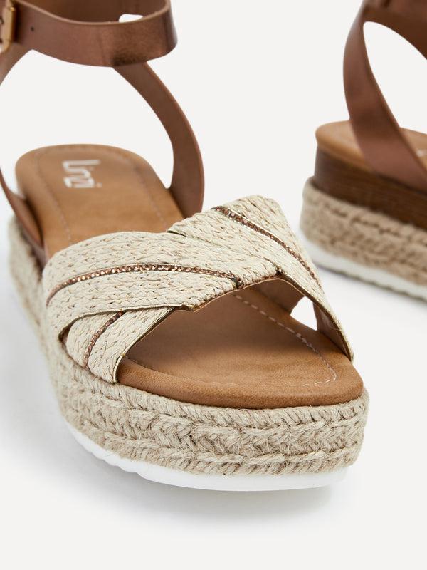 Linzi Bronze Faux Leather Raffia Espadrille Inspired Flatform Sandal
