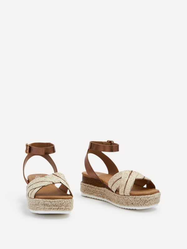 Linzi Bronze Faux Leather Raffia Espadrille Inspired Flatform Sandal