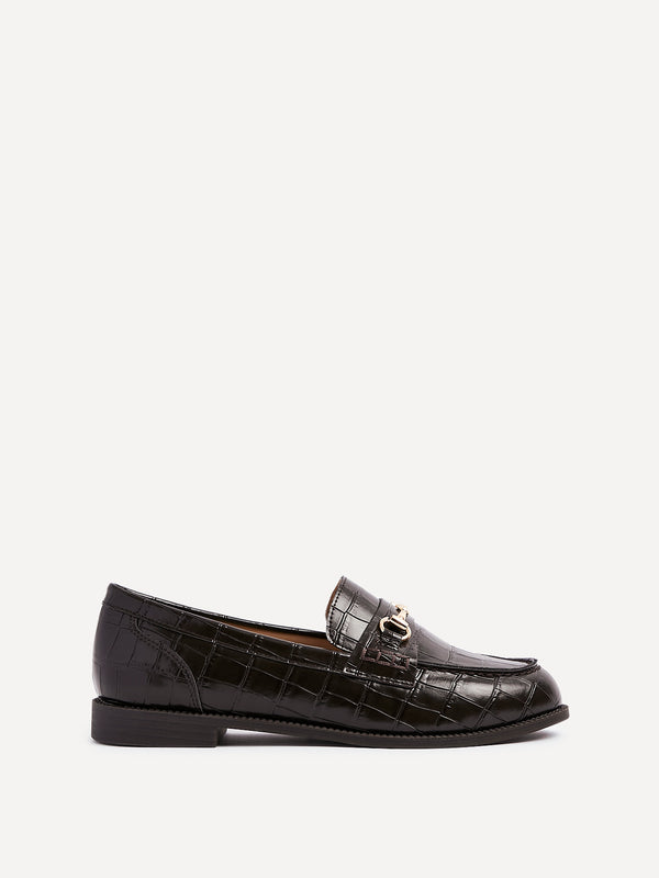 Linzi Brown Faux Croc Patent Leather Loafer With Buckle Detail