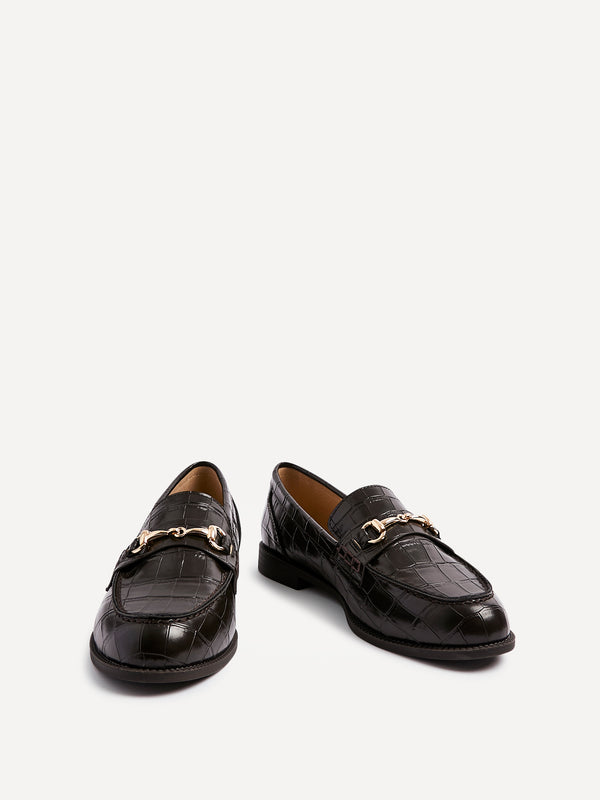 Linzi Brown Faux Croc Patent Leather Loafer With Buckle Detail