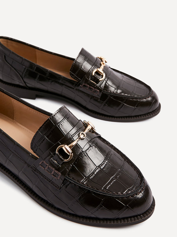 Linzi Brown Faux Croc Patent Leather Loafer With Buckle Detail