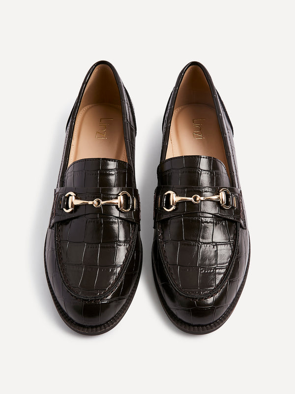 linzi Brown Faux Croc Patent Leather Loafer With Buckle Detail