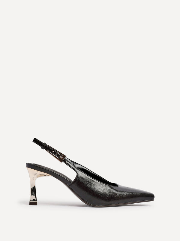 Linzi Brown Faux Leather Court Heel With Gold Heel Detail