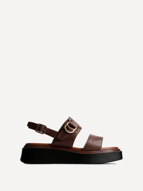 Linzi Brown Faux Leather Double Strap Flatform Sandal With Buckle Detail
