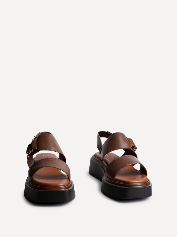 Linzi Brown Faux Leather Double Strap Flatform Sandal With Buckle Detail