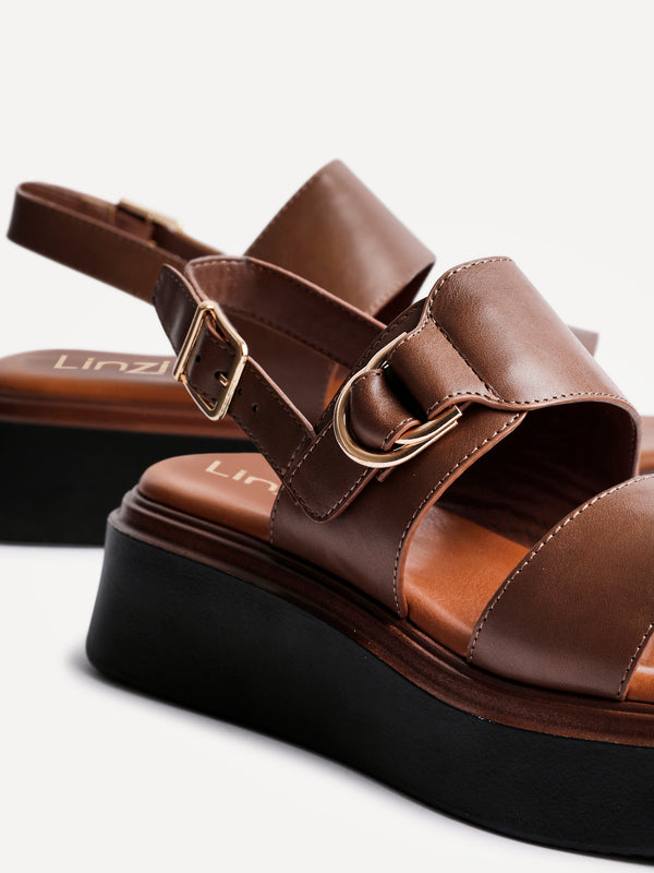Linzi Brown Faux Leather Double Strap Flatform Sandal With Buckle Detail