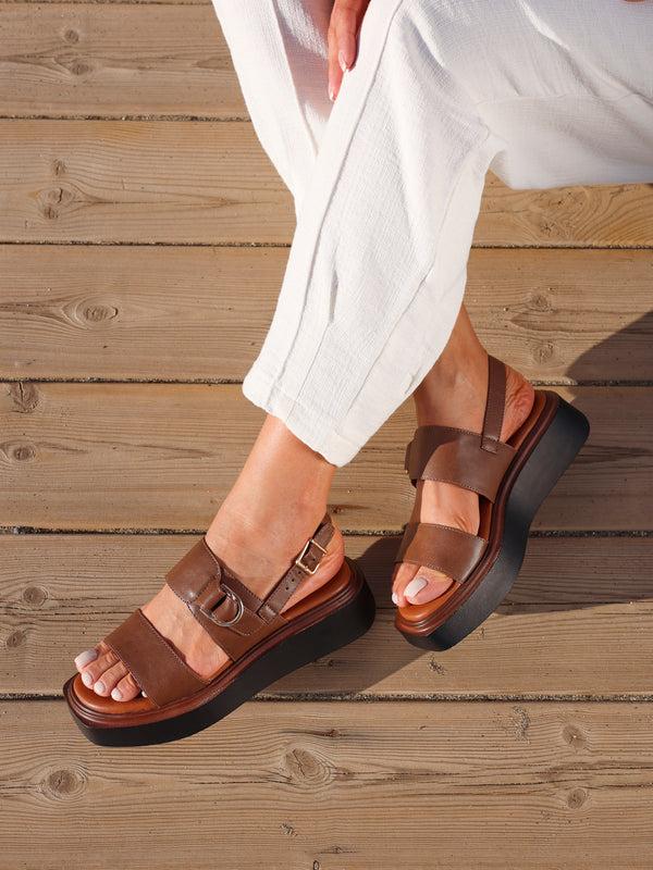linzi Brown Faux Leather Double Strap Flatform Sandal With Buckle Detail