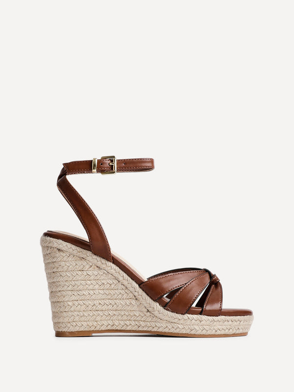 Linzi Brown Faux Leather Espadrille Wedge With Knotted Front Strap