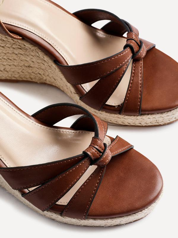 Linzi Brown Faux Leather Espadrille Wedge With Knotted Front Strap