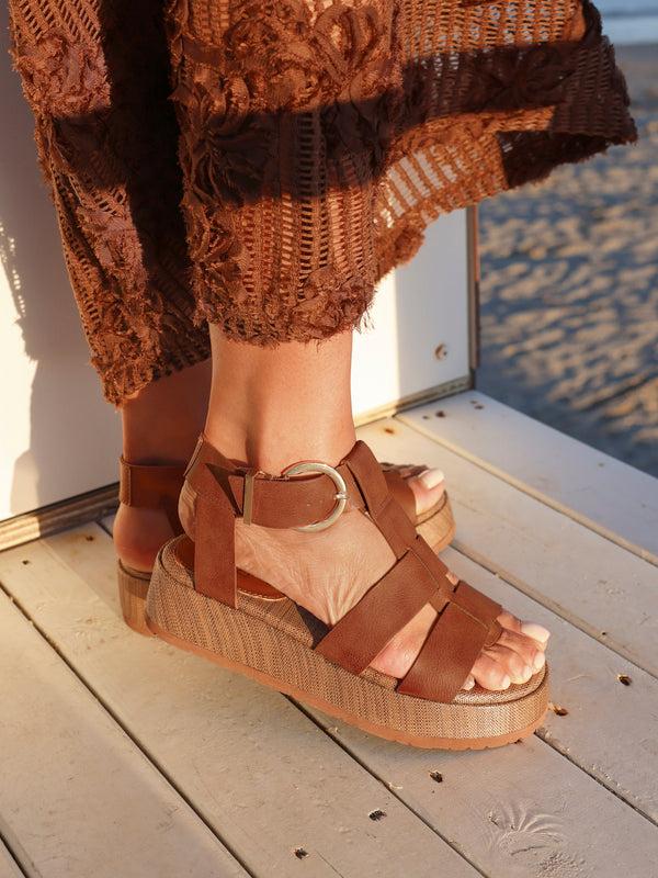 linzi Brown Faux Leather Gladiator Flatform Sandals