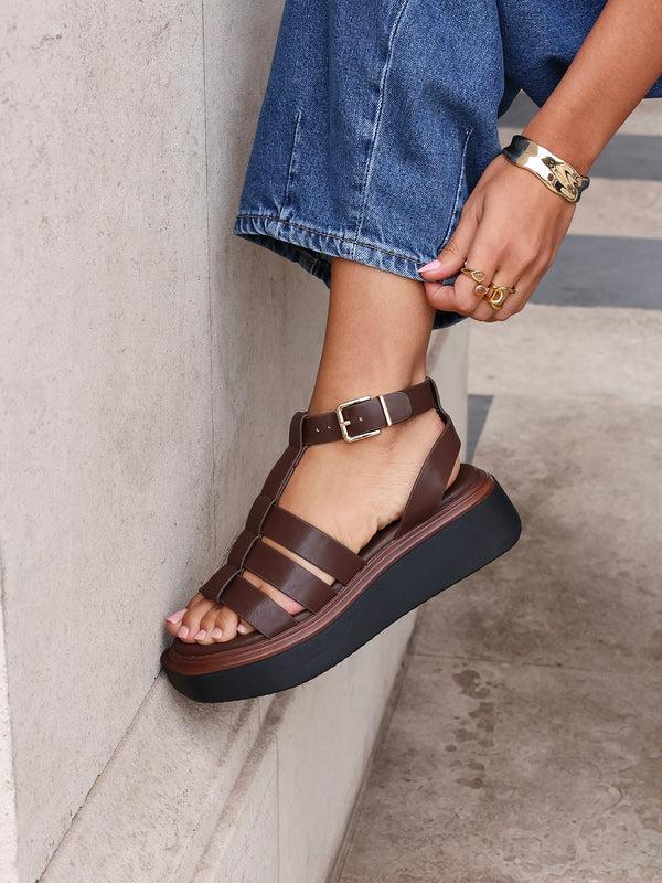 linzi Brown Faux Leather Gladiator Style Flatform Sandals