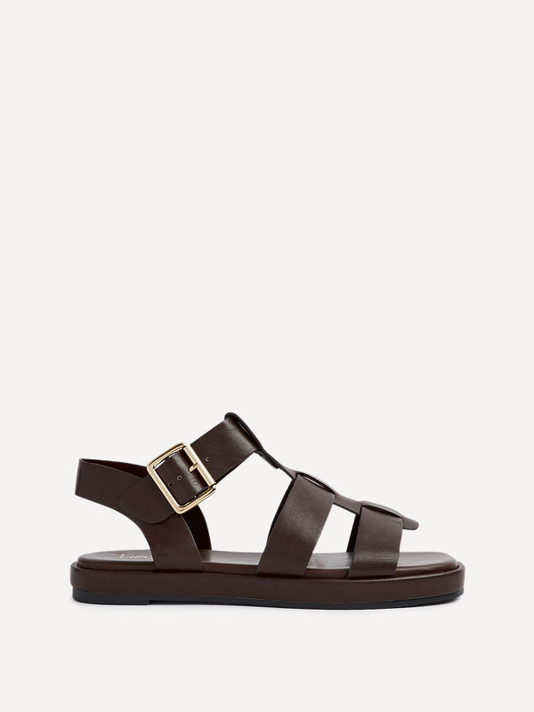 Linzi Brown Faux Leather Gladiator Style Sandal With Gold Buckle Detail
