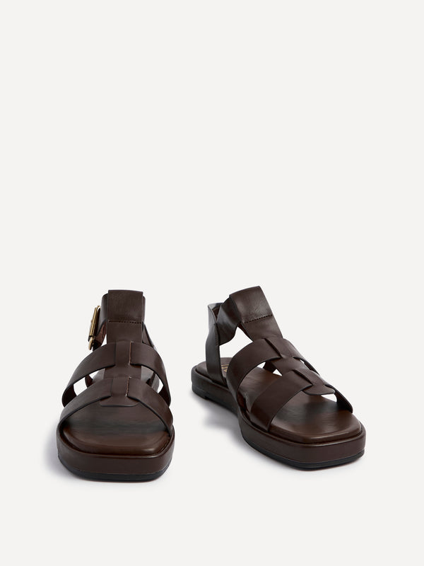Linzi Brown Faux Leather Gladiator Style Sandal With Gold Buckle Detail