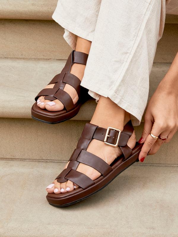 linzi Brown Faux Leather Gladiator Style Sandal With Gold Buckle Detail