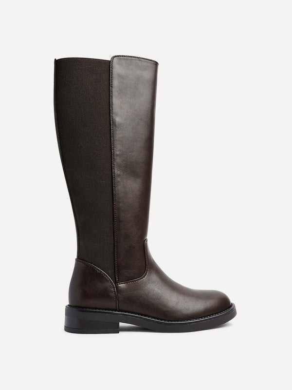 Linzi Brown Faux Leather High Leg Boot With Gusset Back