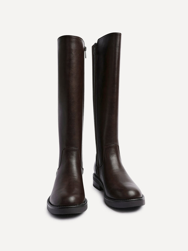 Linzi Brown Faux Leather High Leg Boot With Gusset Back