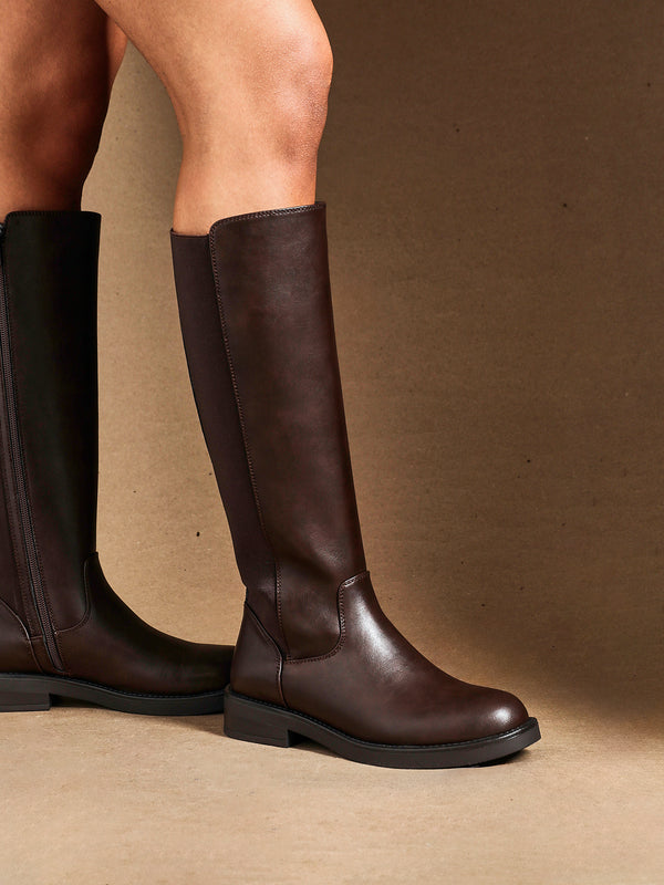 linzi Brown Faux Leather High Leg Boot With Gusset Back