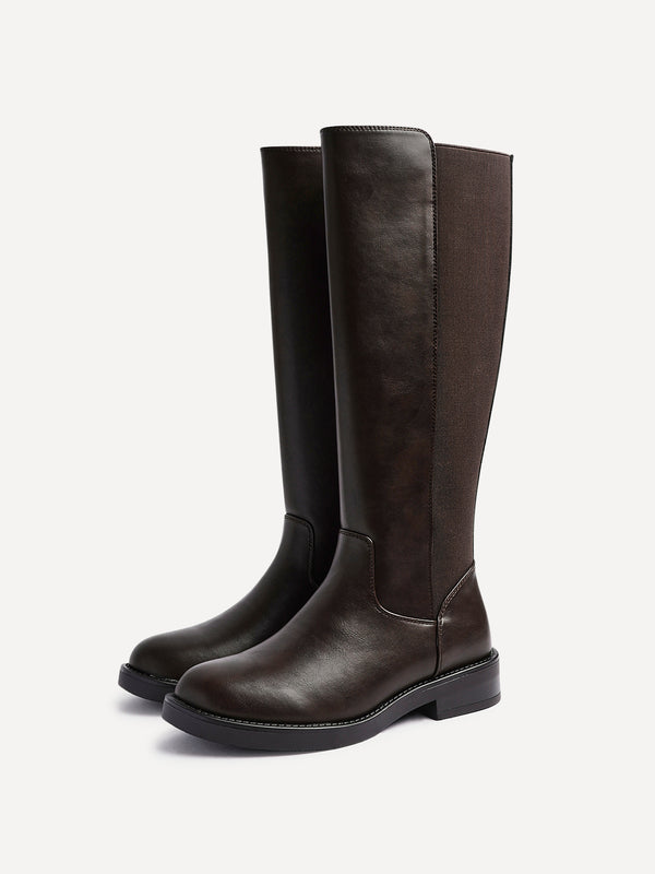 Linzi Brown Faux Leather High Leg Boot With Gusset Back