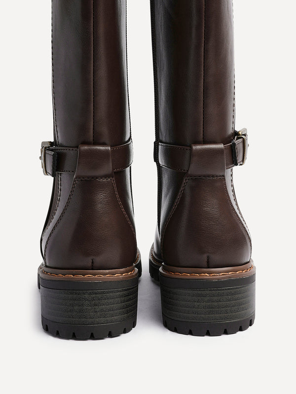 Linzi Brown Faux Leather High Leg Boot With Stretch Panel And Buckle Detail