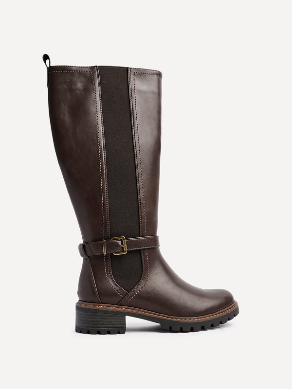 Linzi Brown Faux Leather High Leg Boot With Stretch Panel And Buckle Detail
