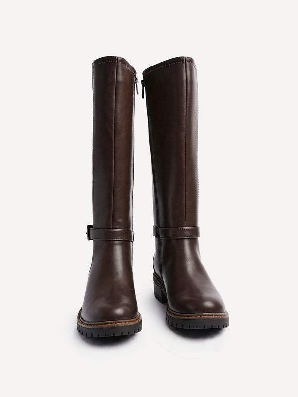 Linzi Brown Faux Leather High Leg Boot With Stretch Panel And Buckle Detail