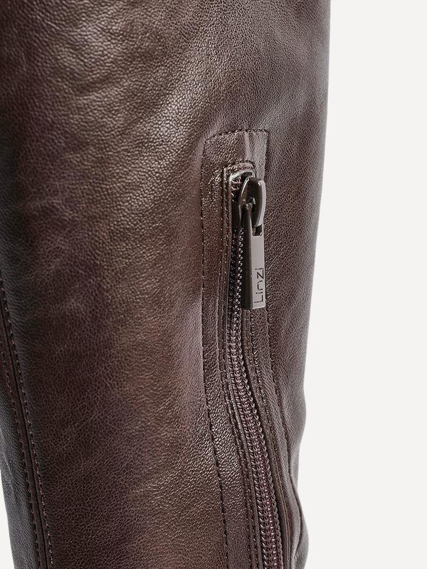 Linzi Brown Faux Leather High Leg Stretch Boot With Chunky Sole