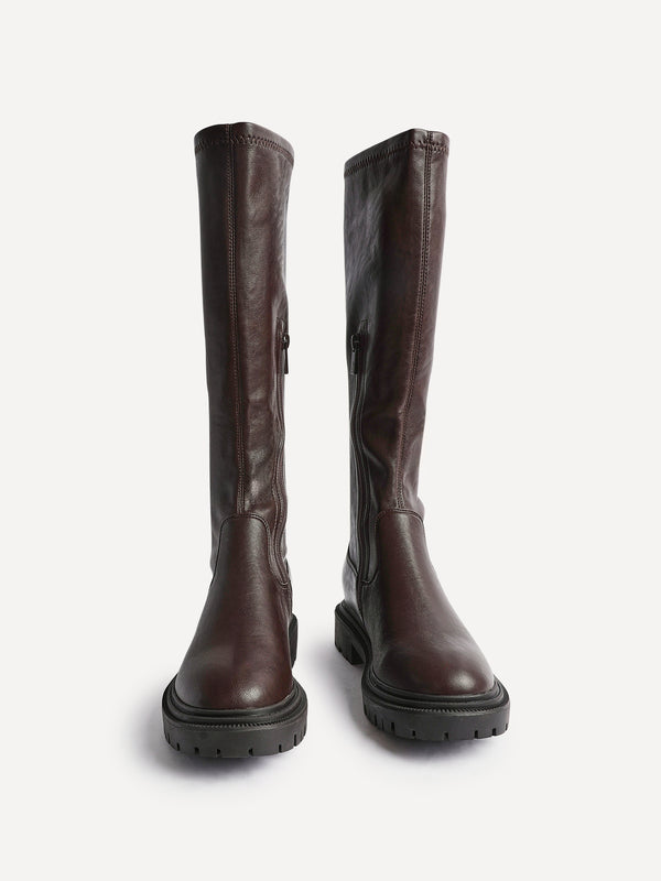 Linzi Brown Faux Leather High Leg Stretch Boot With Chunky Sole
