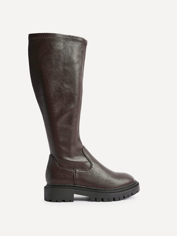 Linzi Brown Faux Leather High Leg Stretch Boot With Chunky Sole