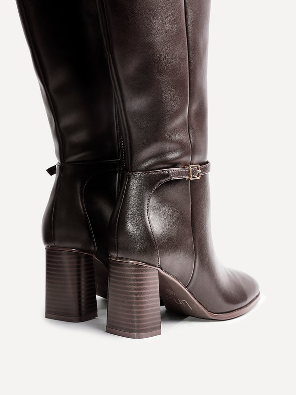Linzi Brown Faux Leather Long Heeled Boot With Buckle Detail