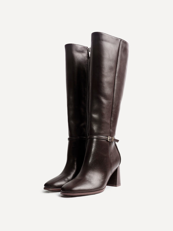 Linzi Brown Faux Leather Long Heeled Boot With Buckle Detail