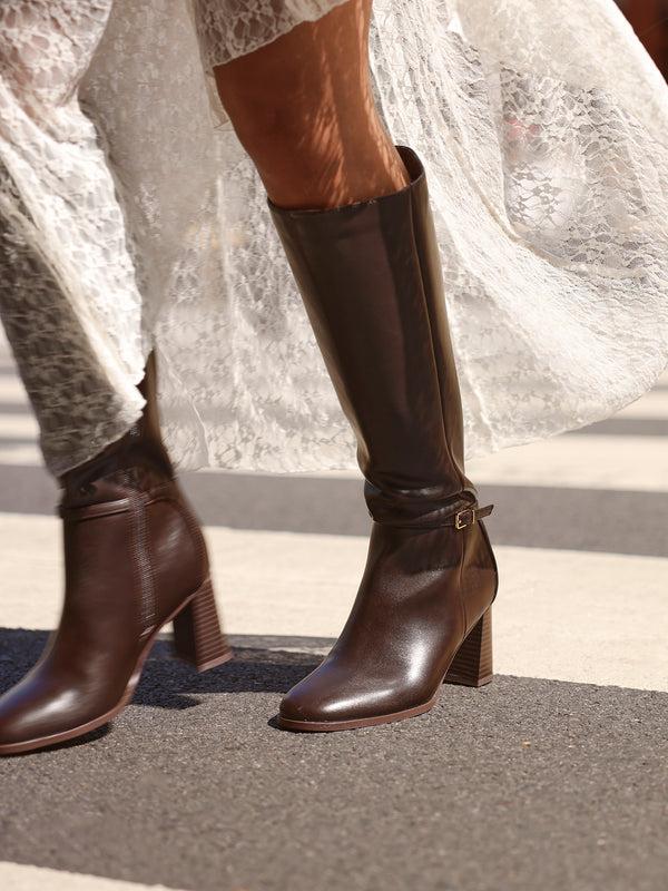 linzi Brown Faux Leather Long Heeled Boot With Buckle Detail