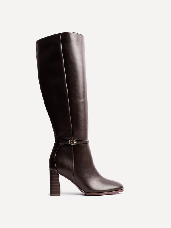 Linzi Brown Faux Leather Long Heeled Boot With Buckle Detail