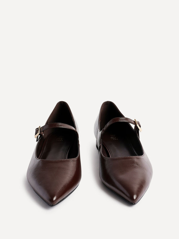 Linzi Brown Faux Leather Pointed Toe Mary Jane Style Pumps