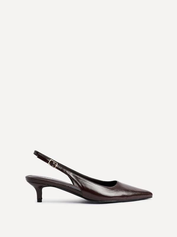Linzi Brown Faux Leather Slingback Kitten Court Heels