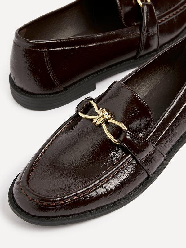 linzi Brown Faux Leather Slip On Loafer With Buckle Detail