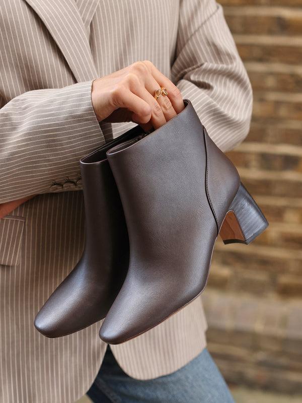 linzi Brown Faux Leather Soft Square Toe Block Heel Ankle Boot