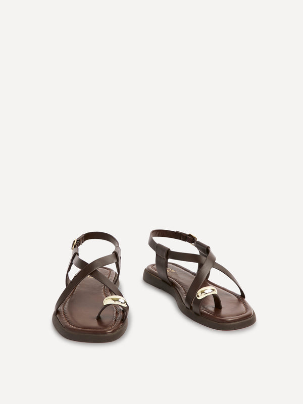Linzi Brown Faux Leather Strappy Flat Sandal With Toe Ring