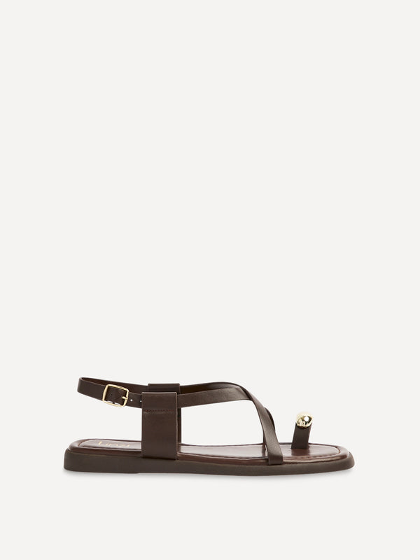 Linzi Brown Faux Leather Strappy Flat Sandal With Toe Ring