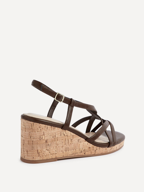 Linzi Brown Faux Leather Strappy Wedge Sandal With Wrap Around Ankle Strap