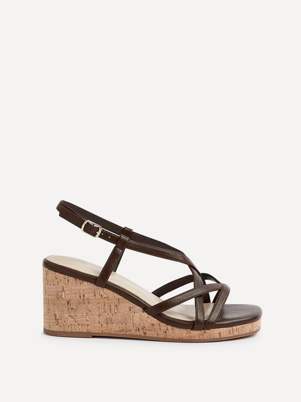 Linzi Brown Faux Leather Strappy Wedge Sandal With Wrap Around Ankle Strap