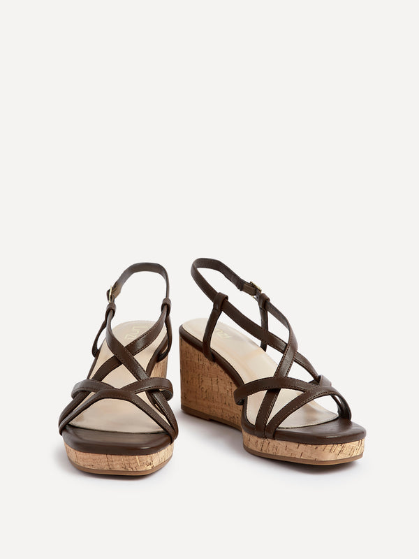 Linzi Brown Faux Leather Strappy Wedge Sandal With Wrap Around Ankle Strap
