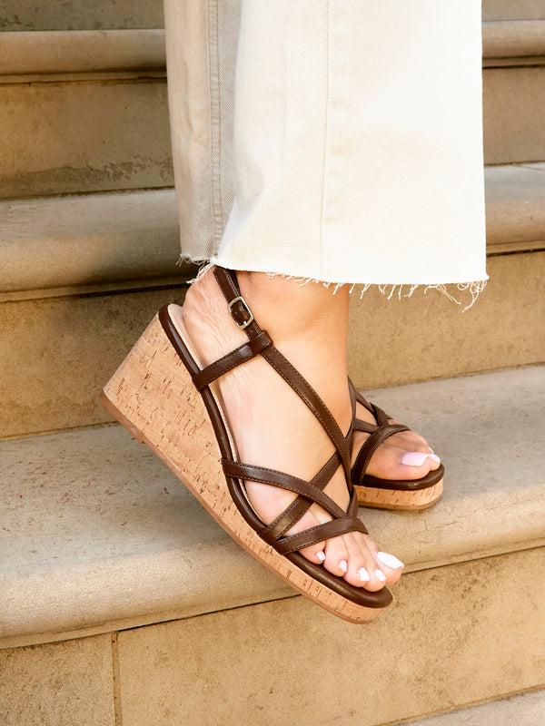 linzi Brown Faux Leather Strappy Wedge Sandal With Wrap Around Ankle Strap