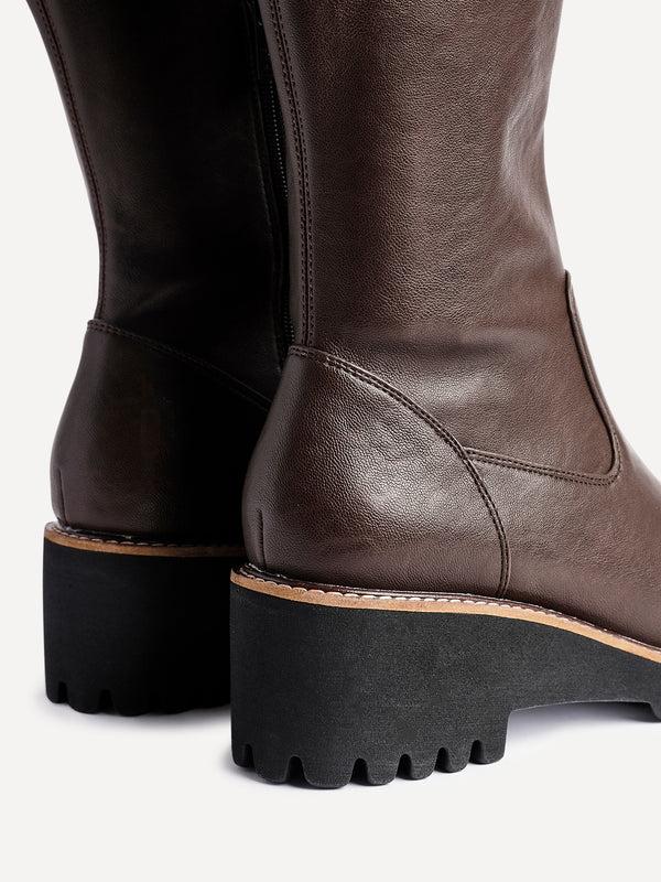 Linzi Brown Faux Leather Stretch Wedge High Leg Boot