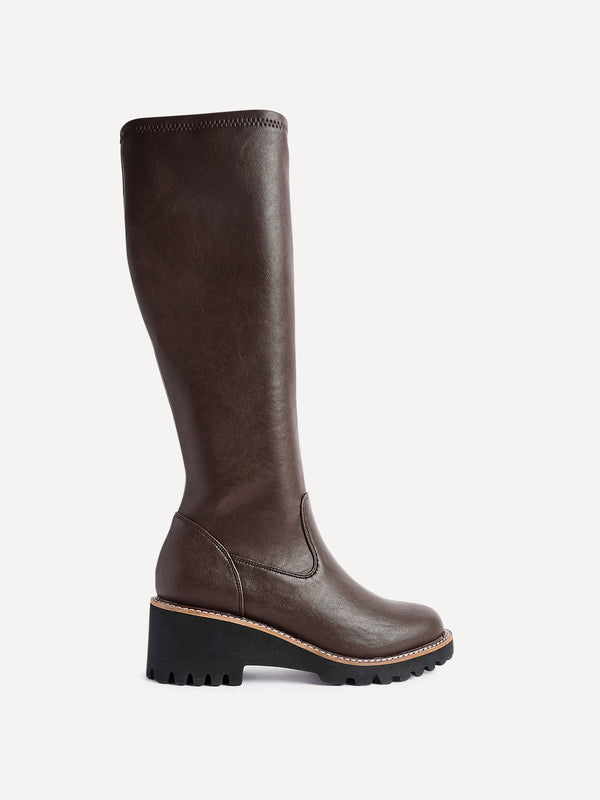Linzi Brown Faux Leather Stretch Wedge High Leg Boot