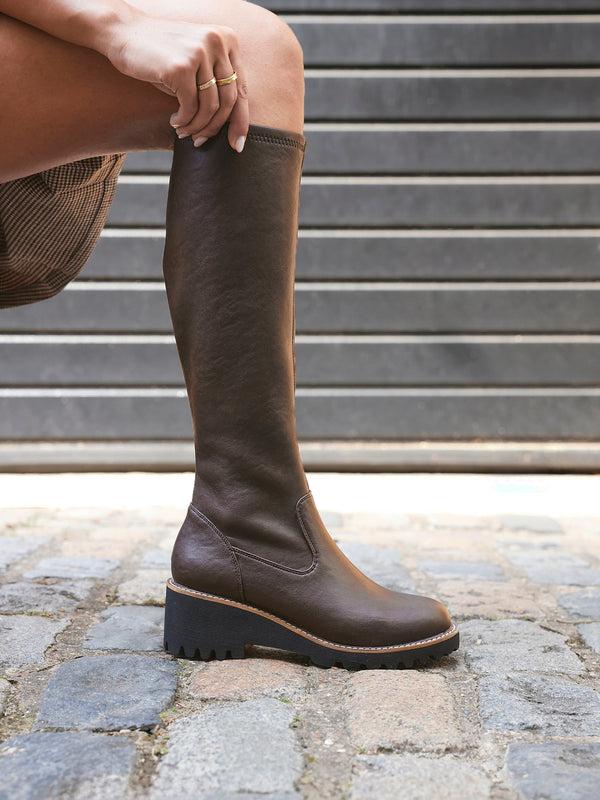 linzi Brown Faux Leather Stretch Wedge High Leg Boot