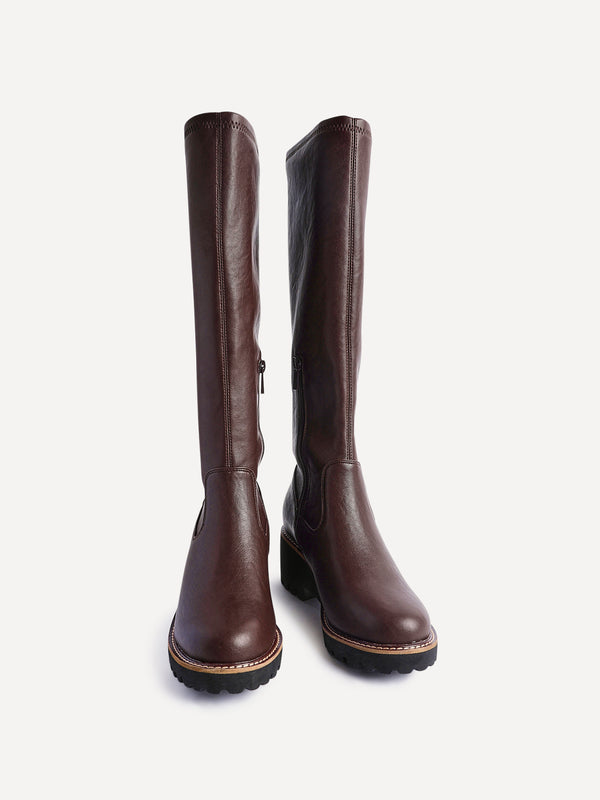 Linzi Brown Faux Leather Stretch Wedge High Leg Boot