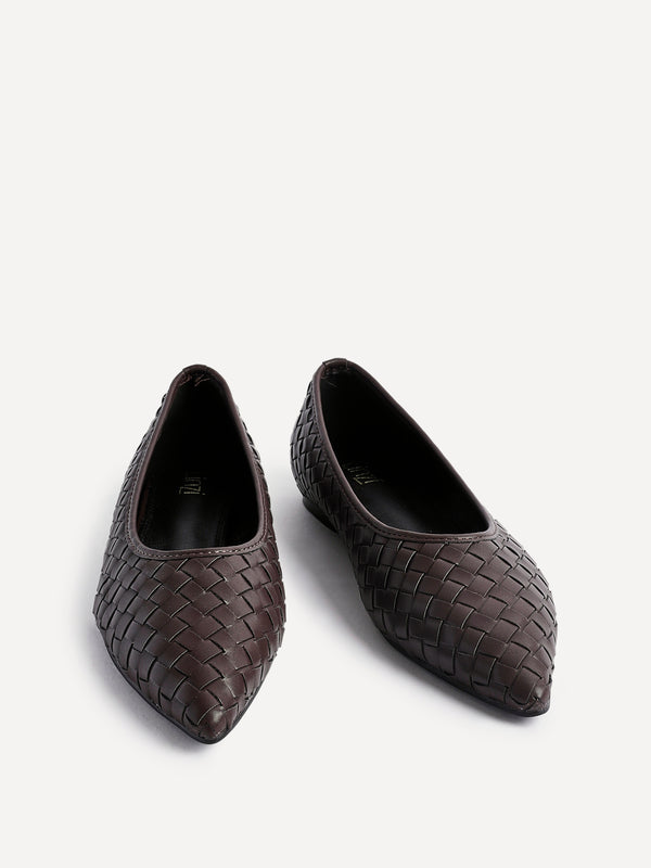 Linzi Brown Faux Leather Woven Pointed Toe Ballet Flats